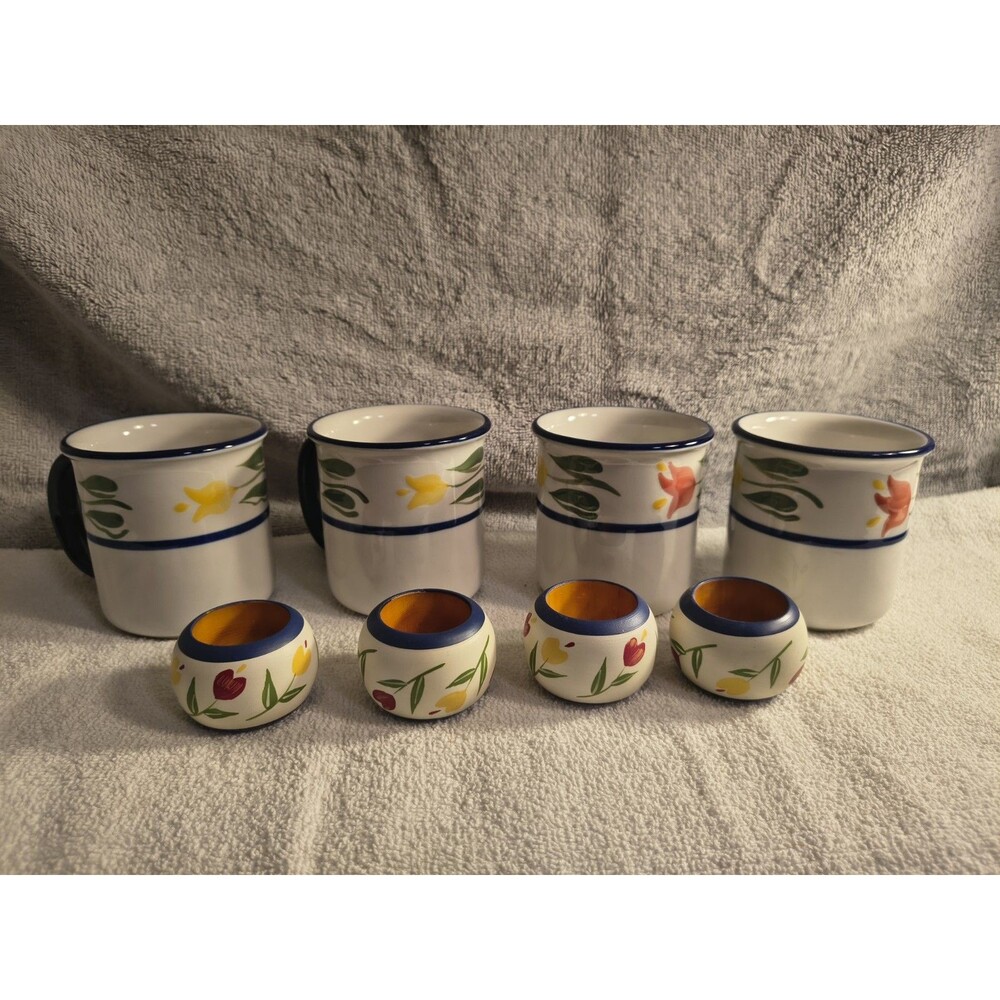 Dansk San Nicolo Lot of 4 Coffee Mugs Cups and 4 Wood Napkin Rings Indonesia